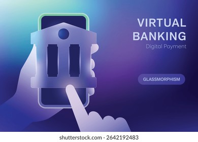 Hand using smartphone to pay money via mobile app. Virtual payment, digital banking, online shopping, fintech and bank icons innovation technology. Futuristic illustration vector gradient background.