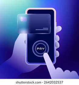 Hand using smartphone and push button to pay money, Virtual payment by credit card for digital banking and online shopping card tech in futuristic glassmorphism vector, finance innovation technology.