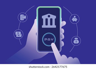 Hand using smartphone, push button to pay money via mobile app. Virtual payment, digital banking and online shopping, fintech in futuristic illustration vector and finance icons innovation technology.