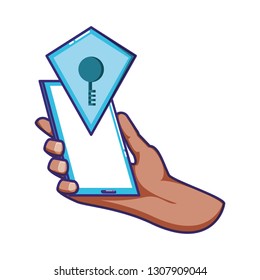 hand using smartphone with shield security