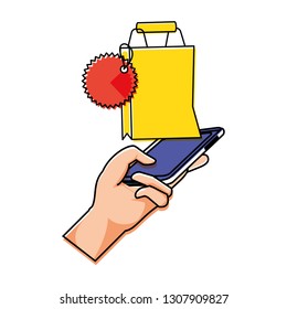 hand using smartphone with shopping bag