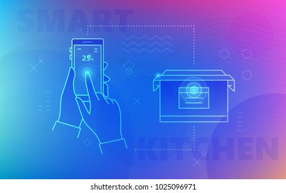 Hand using smartphone for smart cooker