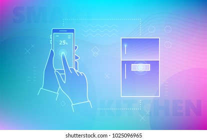 Hand using smartphone for smart fridge