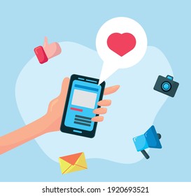 hand using smartphone and social media icons vector illustration design