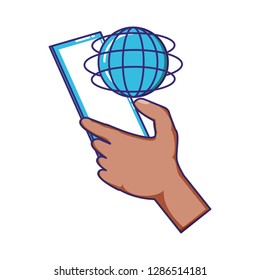 hand using smartphone with sphere planet