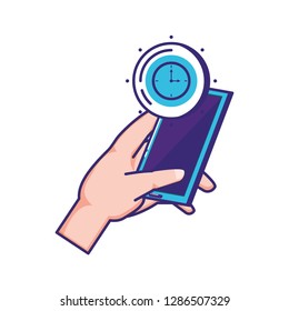 hand using smartphone with time clock