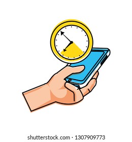 hand using smartphone with time clock