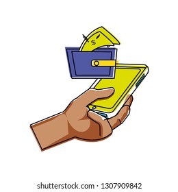 hand using smartphone with wallet and bills