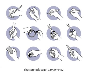 Hand using stationery tools and equipment. Vector illustrations of writing with pen and marker, drawing with pencil, cutting with scissor and blade, erasing with eraser, and measure with ruler.