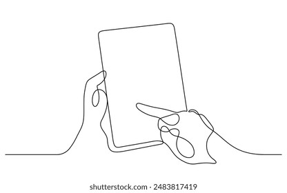 hand using tablet computer one line continuous minimalism vector illustration