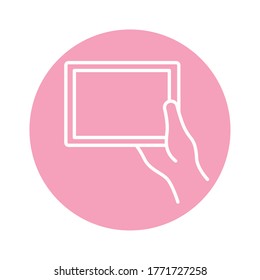 hand using tablet device block style icon vector illustration design