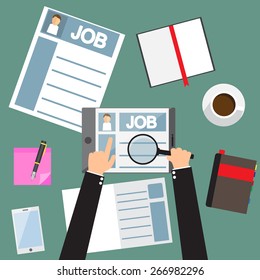 hand using tablet find new job, job application, flat design vector illustration.