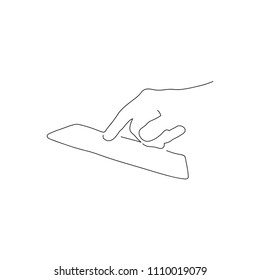 Hand using a tablet line drawing, vector illustration design. Technology objects collection.