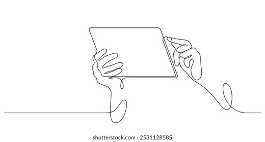 mão usando tablet desenho de uma linha vetor contínuo ilustração trabalhando e comunicação