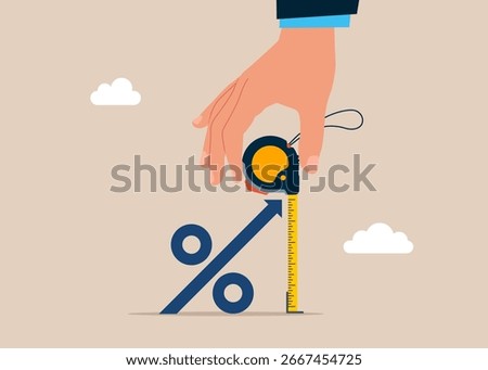 Hand using tape measure to measure the height of the percentage symbol. Growth in investment. Accuracy and measurement. Flat vector illustration.