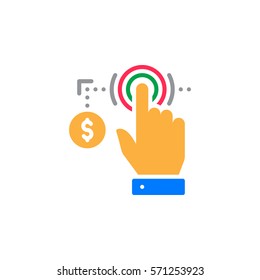 Hand using touch screen and coin icon vector, filled flat sign, solid colorful pictogram isolated on white. Pay per click symbol, logo illustration