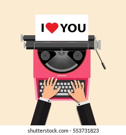 Hand using typewriter. with I love You word. Top View. Flat designed Vector Illustration
Happy Valentine Concept.