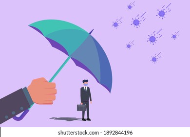 Hand using an umbrella for covering a male insurance agent in face mask facing virus. Insurance vector concept.