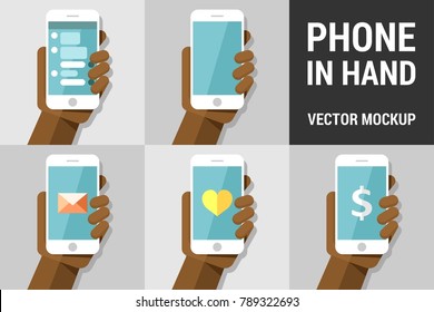 Hand using vector mobile phone on colored illustration background mockup pack 4