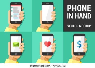 Hand using vector mobile phone on colored illustration background mockup pack 2