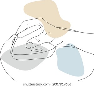 Hand Using A Vertical Computer Mouse On The Pad. Vector Hand-drawn Line Art With Abstract Color Spots.