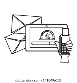 hand using voucher and tablet with coin money