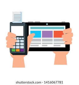 hand using voucher and tablet with coin money