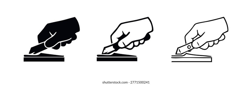 Hand with Utility Knife Cutting into a Surface Icon Set