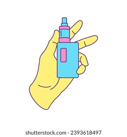 Mano con dispositivo vape de adicción al tabaco y2k groovy style icono vectorial ilustración plana. Brazo humano sujetando gas de humo cigarrillo electrónico pegatina contemporánea moderna de moda estampado de camisetas