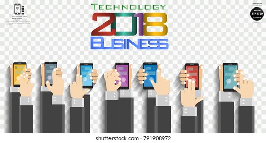 Hand Variations  and  Cellphone - Text Technology 2018  Business - modern Idea and Concept Vector illustration Business Infographic template with icon,background square.