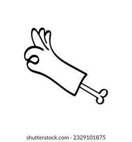 hand vector in black and white outline style. Vector doodle bone coming out of hand with thumb and forefinger circular sign of approval. Suitable for t-shirt designs and patterns