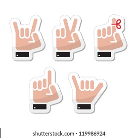 Hand vector gestures, signals and signs - victory, rock, point labels