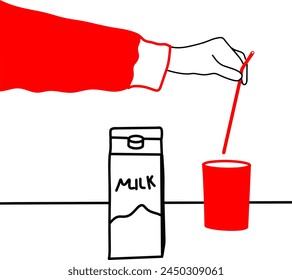 Hand Vector Holding Straw over Cup of Milk Illustration