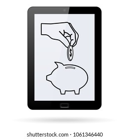 hand vector icon with piggy money box and coin. Flat design style