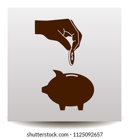 hand vector icon with piggy money box and coin on a realistic paper background with shadow. Flat design style