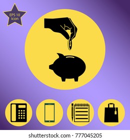 hand vector icon with piggy money box and coin. Flat design style