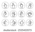 Hand vector icon set. Each icon perfect for your design. Easy shows clear instruction of use. The outline icons are well scalable and editable. EPS10.