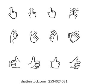 Hand vector icon set. Each icon perfect for your design. Easy shows clear instruction of use. The outline icons are well scalable and editable. EPS10.