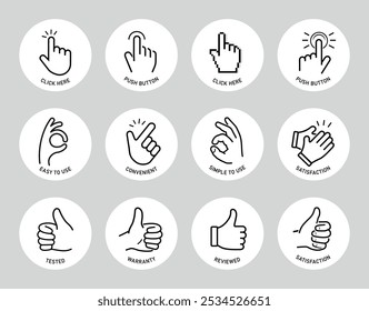 Hand vector icon set. Each icon perfect for your design. Easy shows clear instruction of use. The outline icons are well scalable and editable. EPS10.