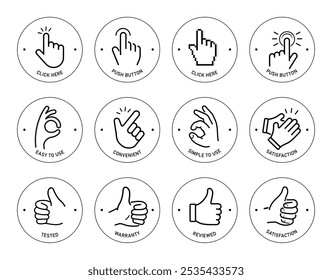 Conjunto de iconos de Vector de mano. Cada icono es perfecto para su diseño. Fácil muestra instrucciones claras de uso. Los iconos de contorno son bien escalables y editables. EPS10.