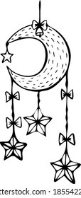 Hand vector illustration. Black and white christmas moon.