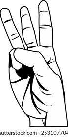 Hand vector illustration, black and white image of palm pointing up three fingers