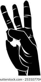 Hand vector illustration, black and white image of palm pointing up three fingers