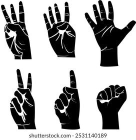 Ilustración vectorial de la mano, Imagen en blanco y negro de la palma, números de los dedos índice de uno a cinco dedos, contando usando señales de la mano, agarrando, señalando, paz, tres, cuatro, cinco dedos