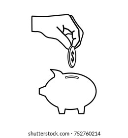 hand vector  line icon with piggy money box and coin. Flat design style