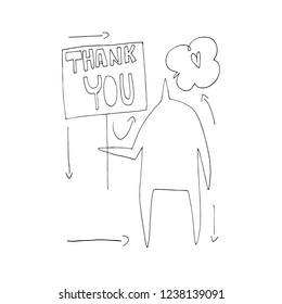 Hand vector outline stick figure illustration. Speech. Man with shopping. Heart. Character people. (Can be used as texture for cards, invitations, DIY projects, web sites)