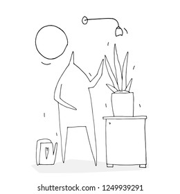 Hand vector outline stick figure illustration. Man with watering can. Heart. Gardening. Spring. (Can be used as texture for cards, invitations, DIY projects, web sites)