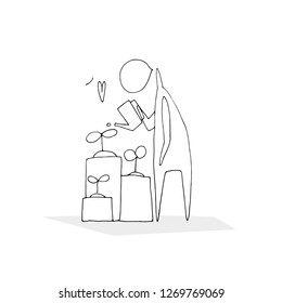 Hand vector outline stick figure illustration. Man with watering can. Heart. Gardening. (Can be used as texture for cards, invitations, DIY projects, web sites)