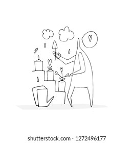 Hand vector outline stick figure illustration. Man with watering can. Heart. Gardening. (Can be used as texture for cards, invitations, DIY projects, web sites)