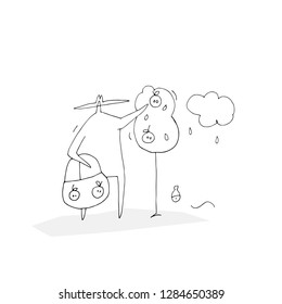 Hand vector outline stick figure illustration. Man carries a cart of fruit. Heart. Gardening. Harvest (Can be used as texture for cards, invitations, DIY projects, web sites or for any other design)